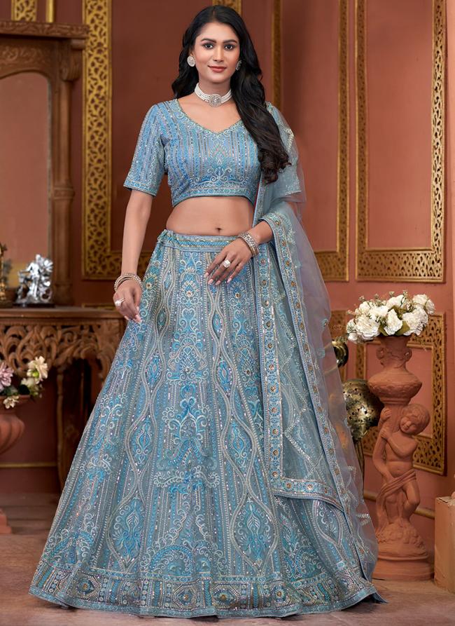 Net Sky Blue Bridal Wear Zarkan Work Readymade Lehenga Choli